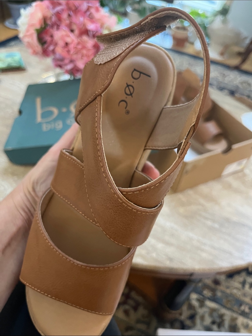 b.o.c. Shola Tan Brown Leather Wedge Sandals with Crisscross Straps - Picture 3 of 5